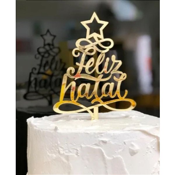 Topo de Bolo Feliz Natal Espelhado Dourado Sonho Fino Rizzo Confeitaria