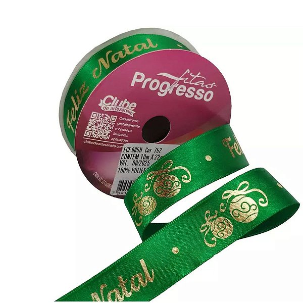 Fita de Natal em Cetim Verde Feliz Natal ECF005H 752 - 22mm x 10m - Progresso