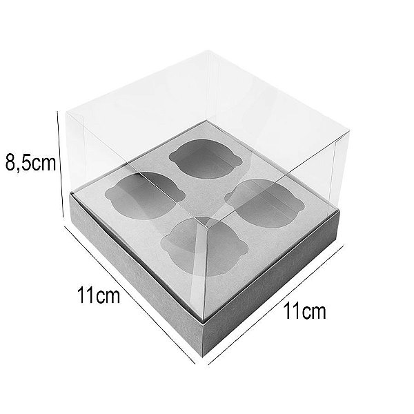 Caixa Mini Cupcake com Tampa Transparente 4 Cavidades (11cm x 11cm x 8,5cm) Branca 10 unidades Assk Rizzo Confeitaria