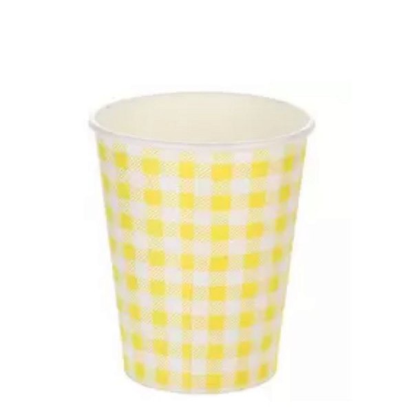 Copo papel Xadrez Junina Amarelo Biodegradável - 10 un - 270 ml - Silver Festas
