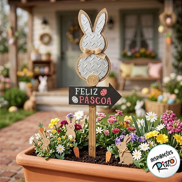 Placa Decorativa Jardim Coelho com Pompom Feliz Páscoa 91cm - 01 unidade - Cromus Páscoa - Rizzo Embalagens