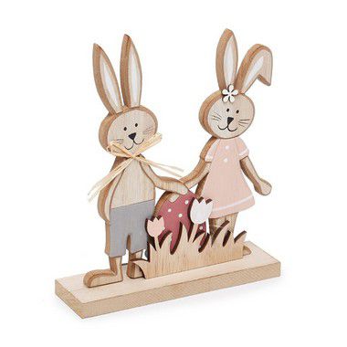 Casal de Coelhos em Madeira Natural  - 20x10x5cm - Cromus Páscoa - Rizzo Confeitaria