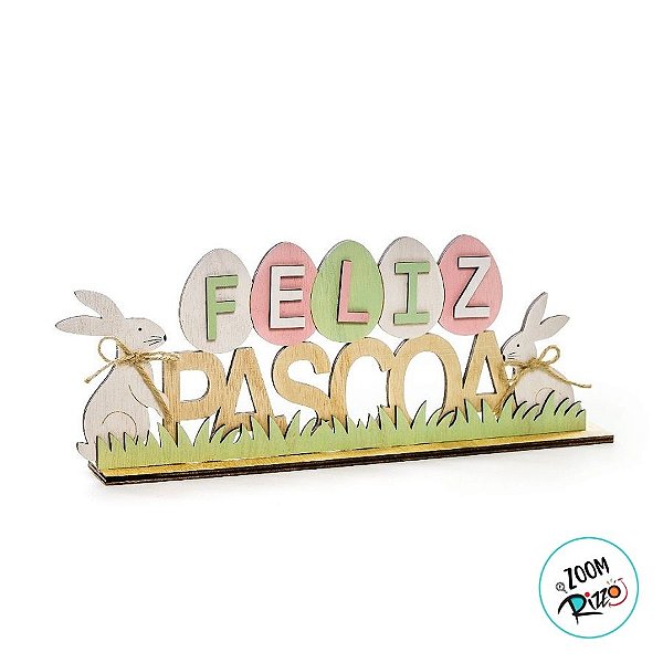 Placa Feliz Páscoa em Madeira Natural Coelhos e Ovinhos - 13cm x 30cm - Cromus Páscoa
