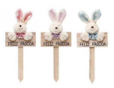 Plaquinha em Madeira Corações Coelho - 22cm x 10cm - Linha Pedacinho de Amor - Cromus Páscoas