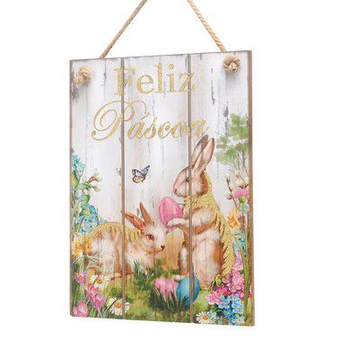 Placa Decorativa em MDF Coelhos Feliz Páscoa - 01 unidade - Cromus Páscoa - Rizzo