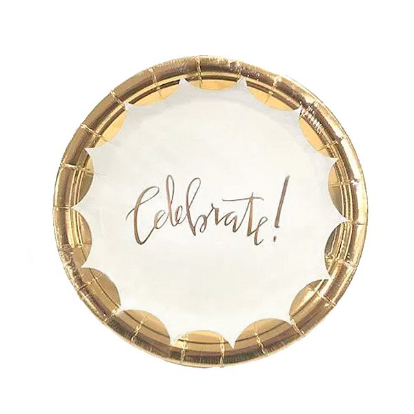 Prato Papel Biodegradável Celebrate Dourado e Branco - 10 un - 18 cm - Silver Festas