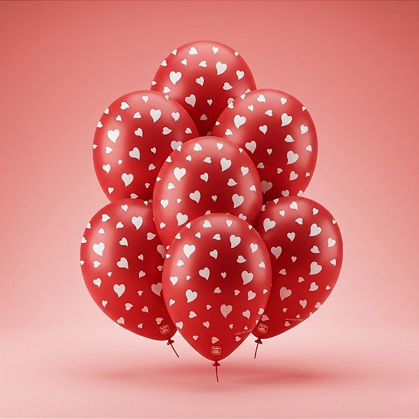 Balão de Festa Decorado Coração - Vermelho 9" 23cm - 25 Unidades - Balões São Roque