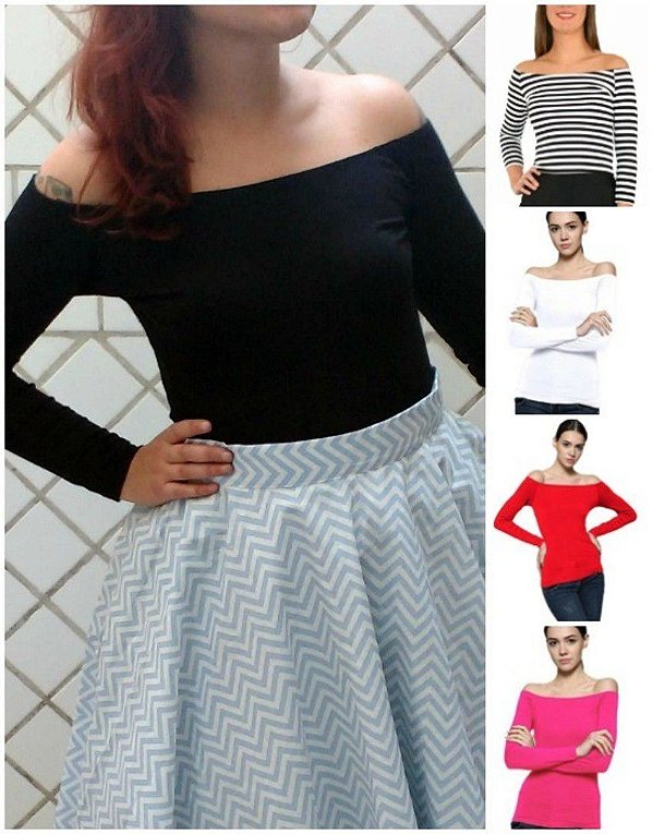 Blusa Ciganinha Decote Canoa Pin Up Retrô - Manga Longa