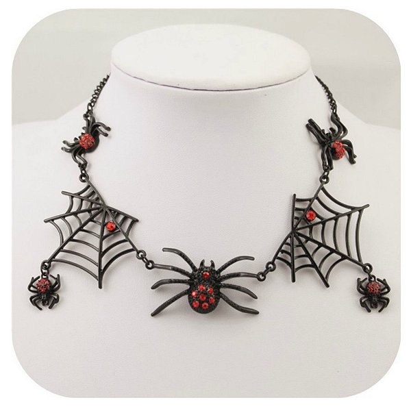 Colar Teia de Aranha com Strass Vermelho Gothic Dark Halloween Horror