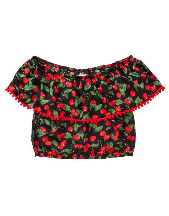 Top Cropped Ciganinha Cerejas Pin Up Retrô Pompom