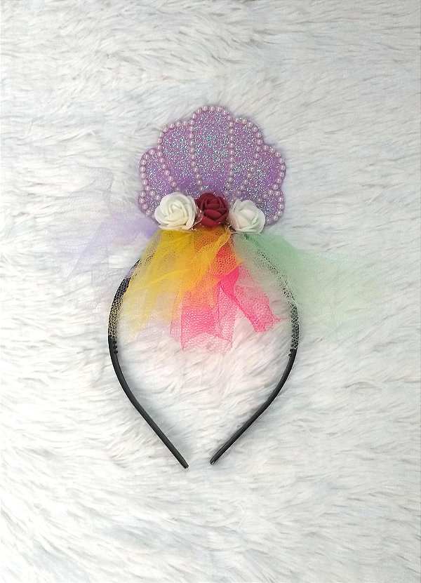 Tiara de Concha Flores e Tule Sereia Mermaid Carnaval