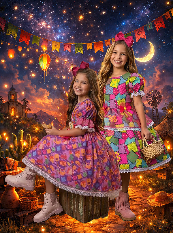 Vestido Mini Miss Junino "Sertão Animado Pink - Luz da Fogueira"