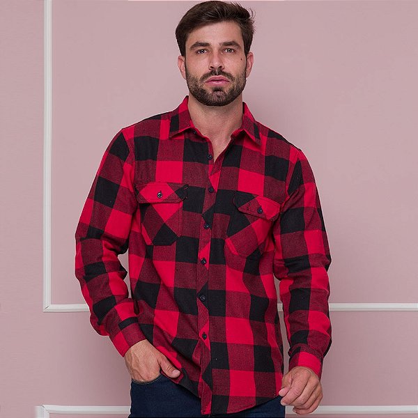 camisa xadrez lumberjack de flanela vermelho com preto - Camisologia