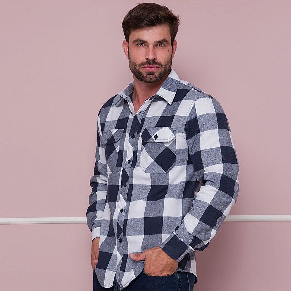 Camisa Masculina Flanelada com Bolsos Xadrez Azul e Branca