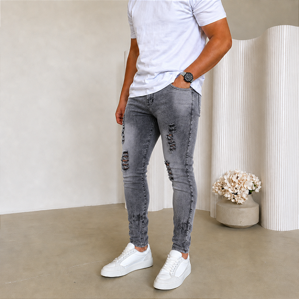 Calça Jeans Destroyed Masculina Skinny AN07