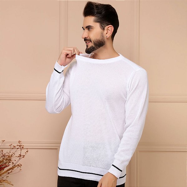 Blusa Tricô Suéter de Lã Masculina Branca - Loja 021|Moda Masculina
