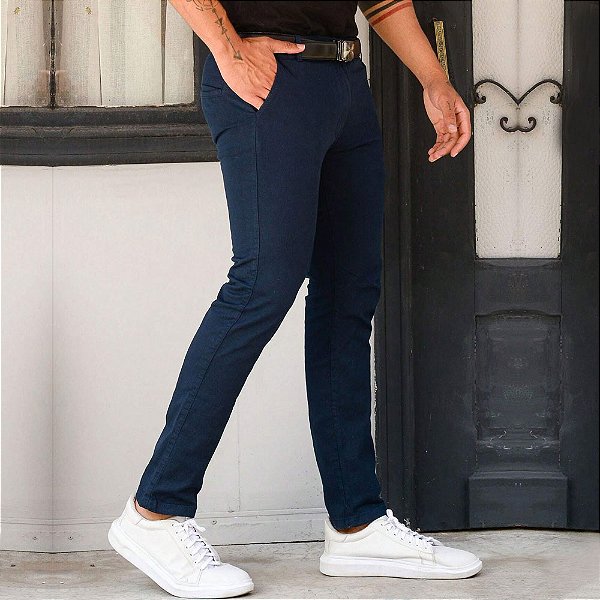 Calça Social Masculina Alfaiataria Sarja Esporte Fino Azul