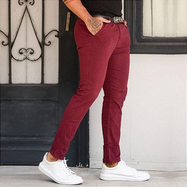 Calça Social Masculina Alfaiataria Sarja Esporte Fino Bordô