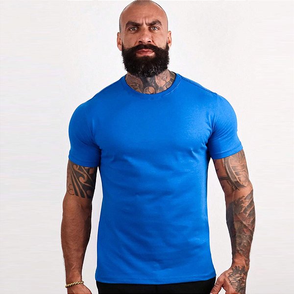 Camiseta Masculina Slim Básica Lisa Azul Céu