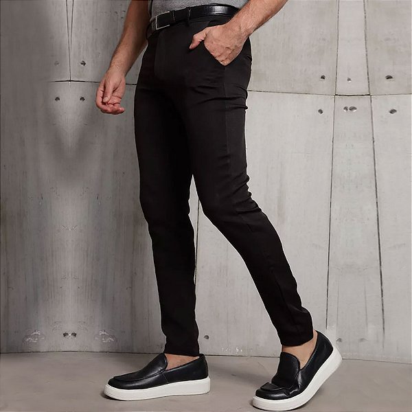 Calça Social Masculina Alfaiataria Skinny Poliéster Preta
