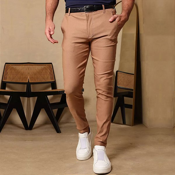 Calça Social Masculina Alfaiataria Skinny Poliéster Marrom