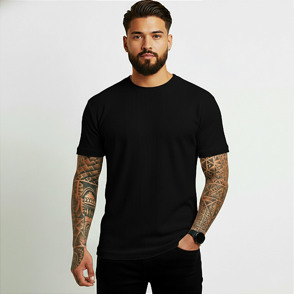 Camiseta Masculina Slim Canelada Lisa Preta