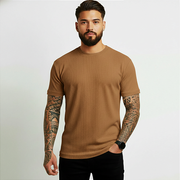 Camiseta Masculina Slim Canelada Lisa Marrom