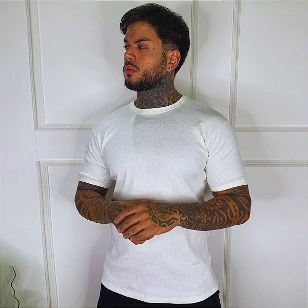 Camiseta Masculina Slim Canelada Lisa Off White