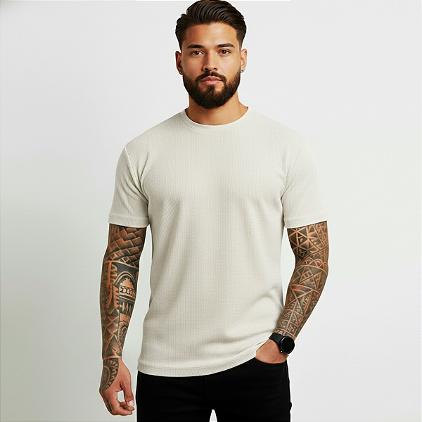 Camiseta Masculina Slim Canelada Lisa Off White