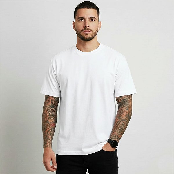 Camiseta Masculina Básica Lisa Gola Ribana Branca