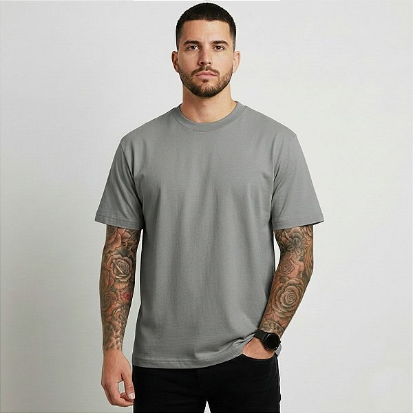 Camiseta Masculina Básica Lisa Gola Ribana Cinza