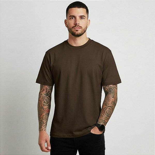 Camiseta Masculina Básica Lisa Gola Ribana Marrom