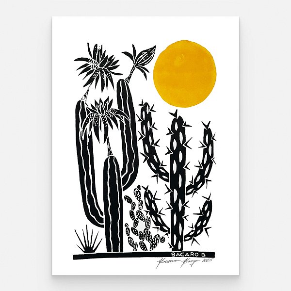Xilogravura "Cactos e Sol Amarelo" M 2025 - Bacaro Borges - PE