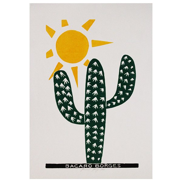 Xilogravura "Cacto Verde e Sol Amarelo" M -  Bacaro Borges - PE