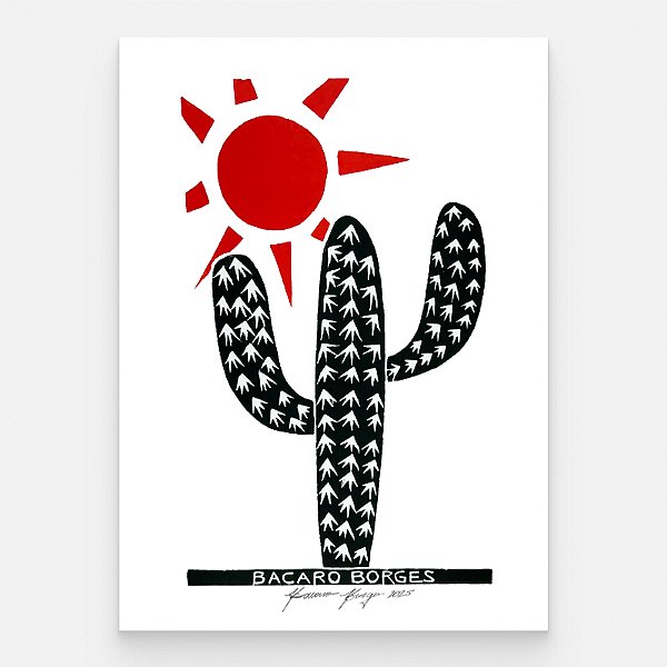 Xilogravura "Cacto Preto e Sol Laranja" M 2025 - Bacaro Borges - PE