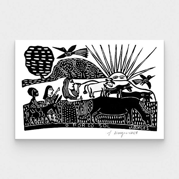 Xilogravura O Por do Sol G - assinada por J. Borges - PE