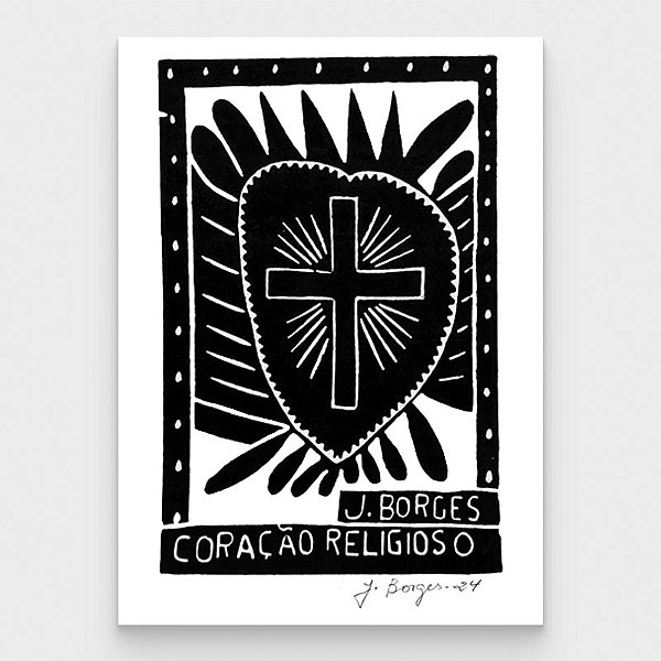 Xilogravura Coração Religioso P - assinada por J. Borges - PE (Última peça)