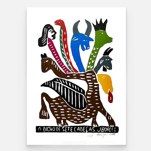 Xilogravura O Bicho de Sete Cabeças M - assinada por J. Borges - PE (Última Peça)
