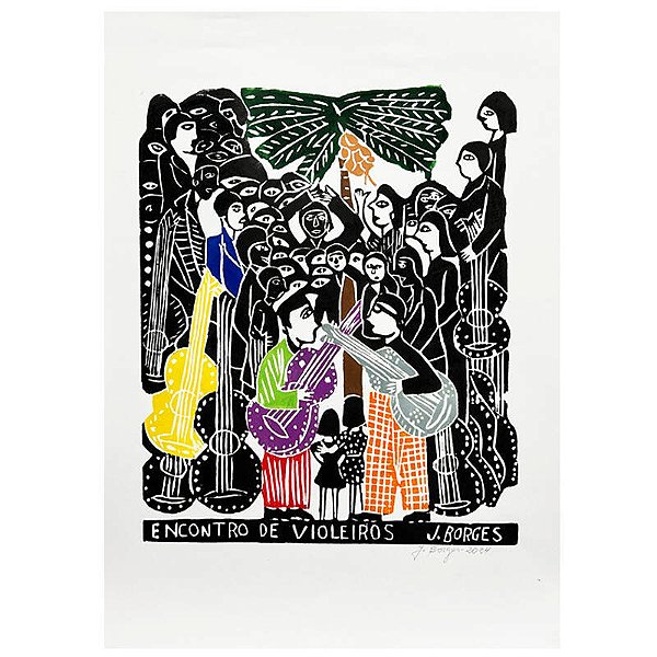 Xilogravura "Encontro de Violeiros" G - assinada por J. Borges - PE