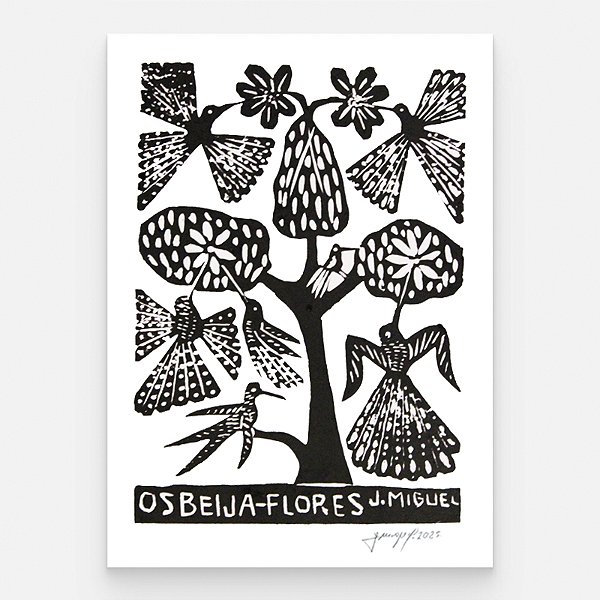 Xilogravura ''Os Beija Flores" P - J. Miguel - PE