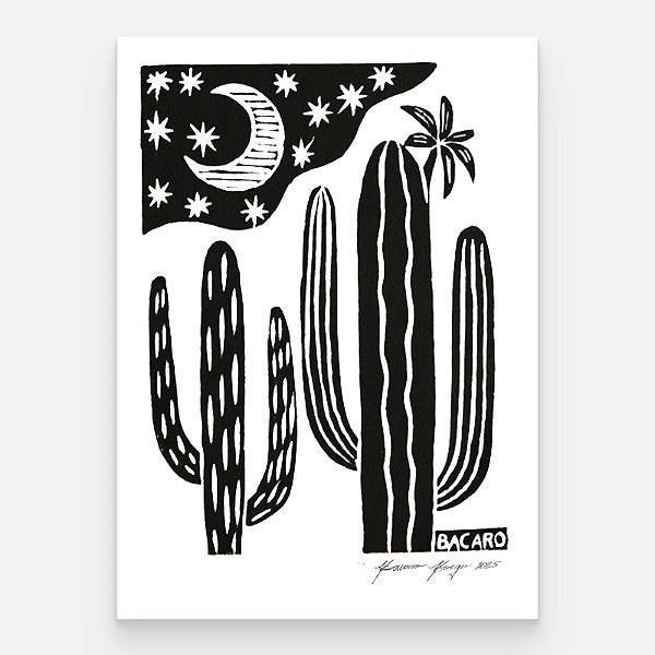 Xilogravura Cacto, Lua e Flor P - Bacaro Borges - PE