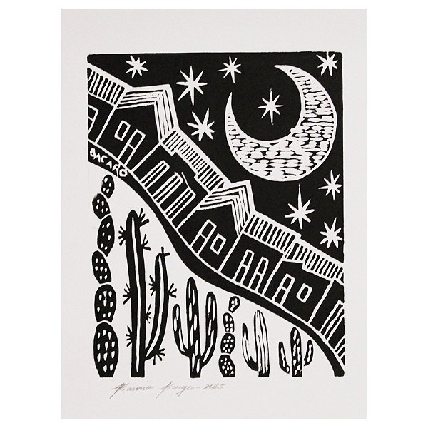 Xilogravura ''Casinhas com Cacto" P - Bacaro Borges - PE