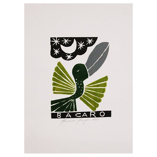 Xilogravura ''Pássaro Verde" P - Bacaro Borges - PE