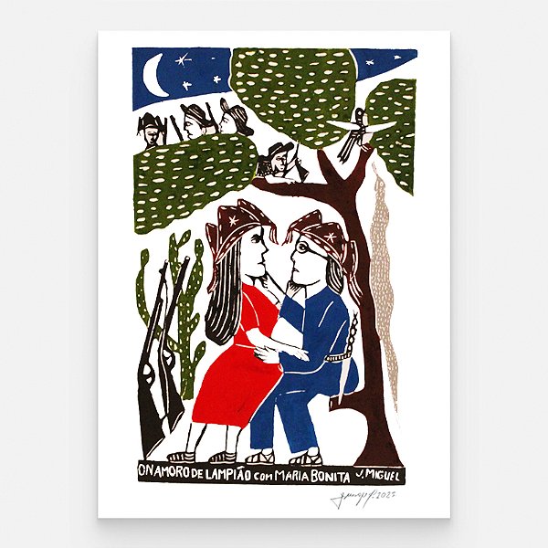 Xilogravura ''O Namoro de Lampião com Maria Bonita" G - J. Miguel - PE