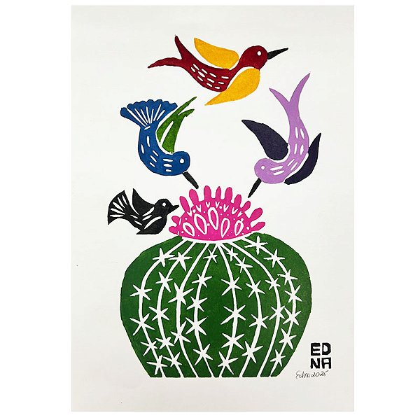 Xilogravura "Coroa de Frade com Pássaros" P - Edna - PE