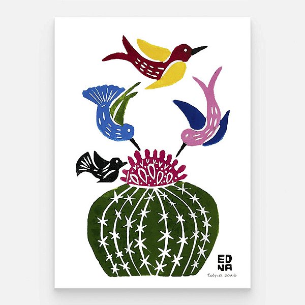 Xilogravura "Coroa de Frade com Pássaros" P 2026 - Edna - PE