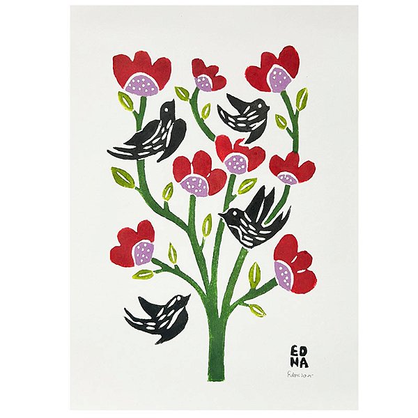 Xilogravura "Pássaros e Flores 3" P - Edna - PE