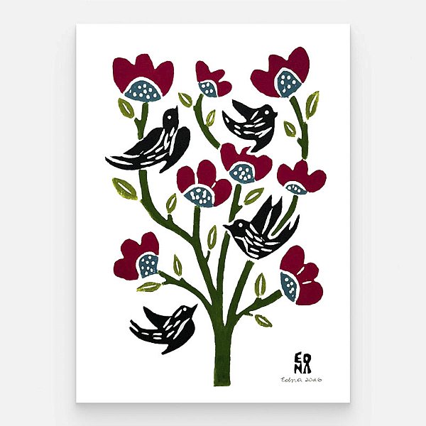 Xilogravura "Pássaros e Flores 3" P 2026 - Edna - PE
