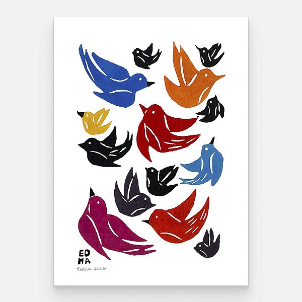 Xilogravura "Pássaros Coloridos" P - Edna - PE