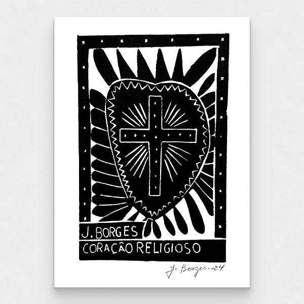 Xilogravura Coração Religioso P - assinada por J. Borges - PE (Última peça)
